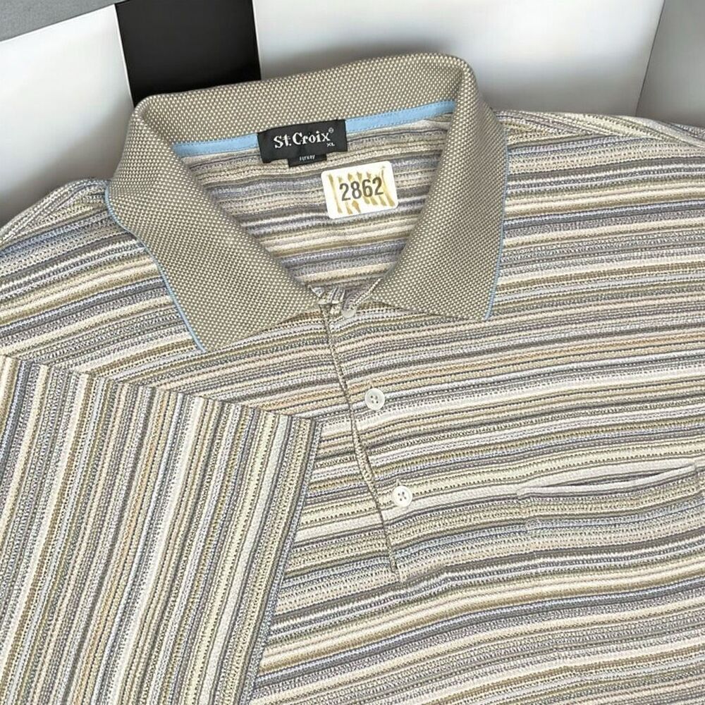 Vintage St. Croix Shirt Mens size XL Beige Multicolor Short Sleeve Striped Polo